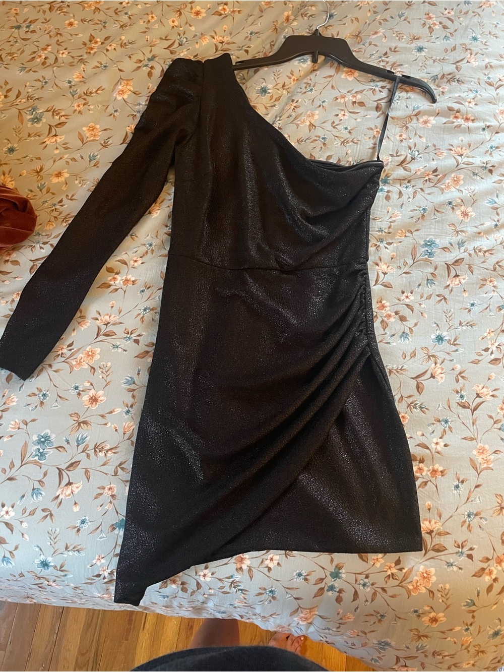 Aqua One-Shoulder Black Asymmetric Draped Mini Dress